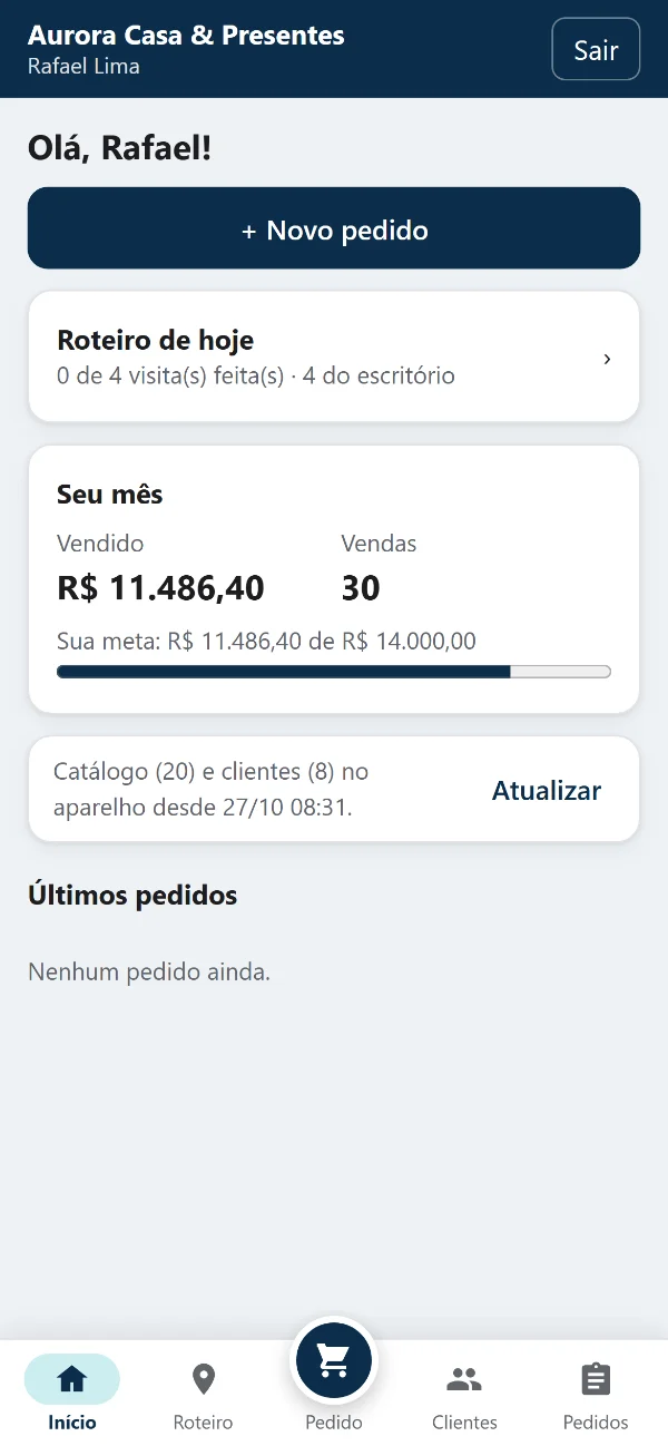 App do vendedor com o roteiro de hoje e o vendido no mês comparado com a meta