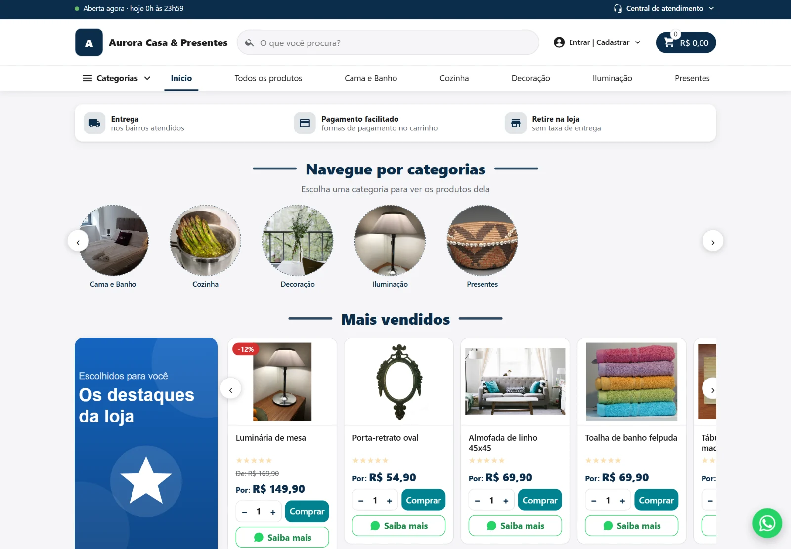 Página de uma loja virtual com categorias e a seção de mais vendidos com preços e botões de comprar