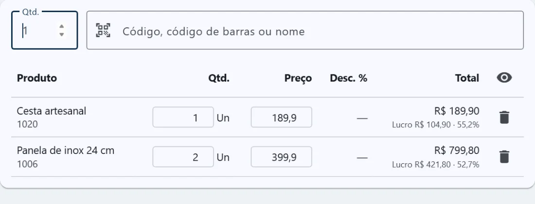 Venda com dois itens, cada um com o lucro e a margem embaixo do total, e o lucro estimado da venda